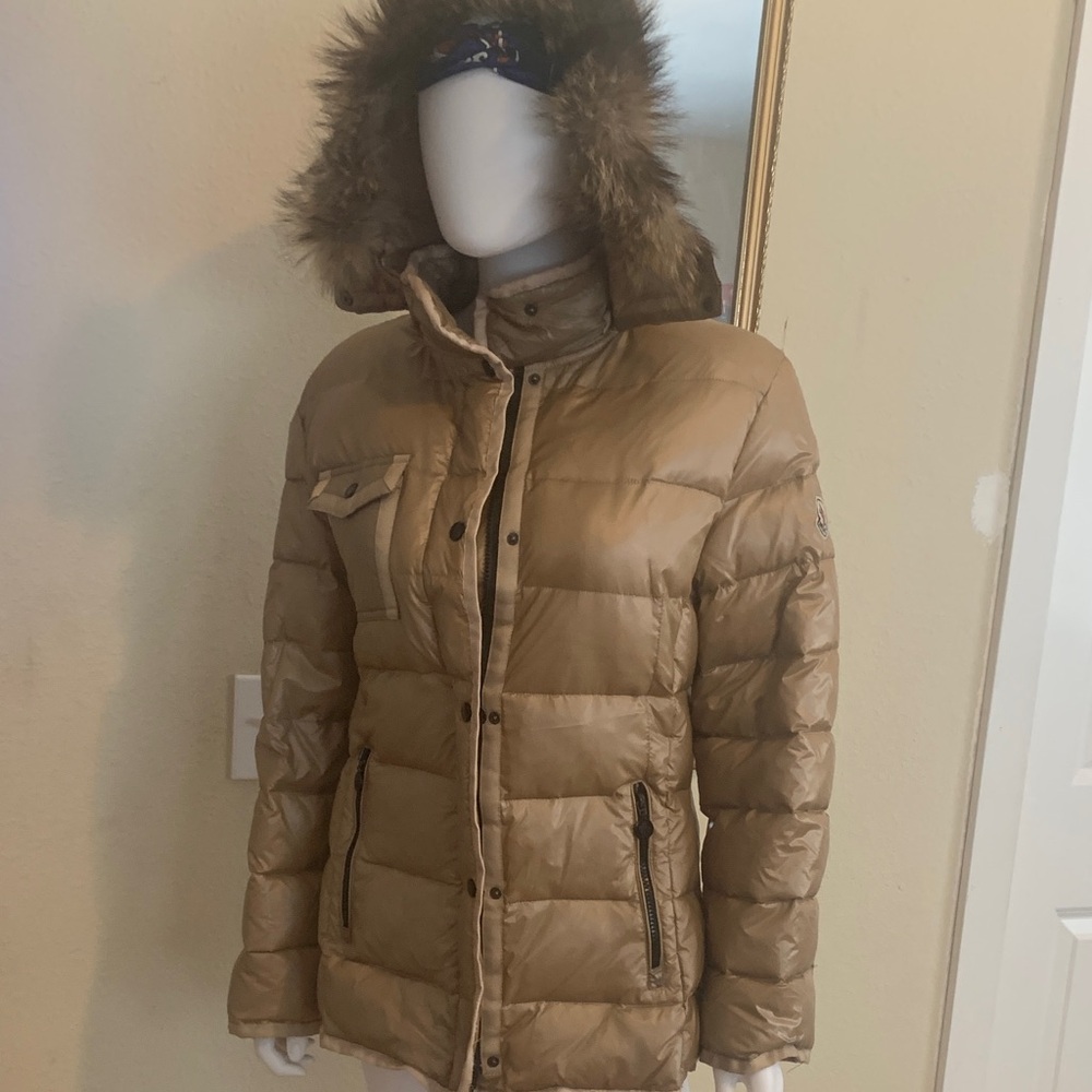 Moncler Beige Puffer Jacket with Faux Fur Trim
